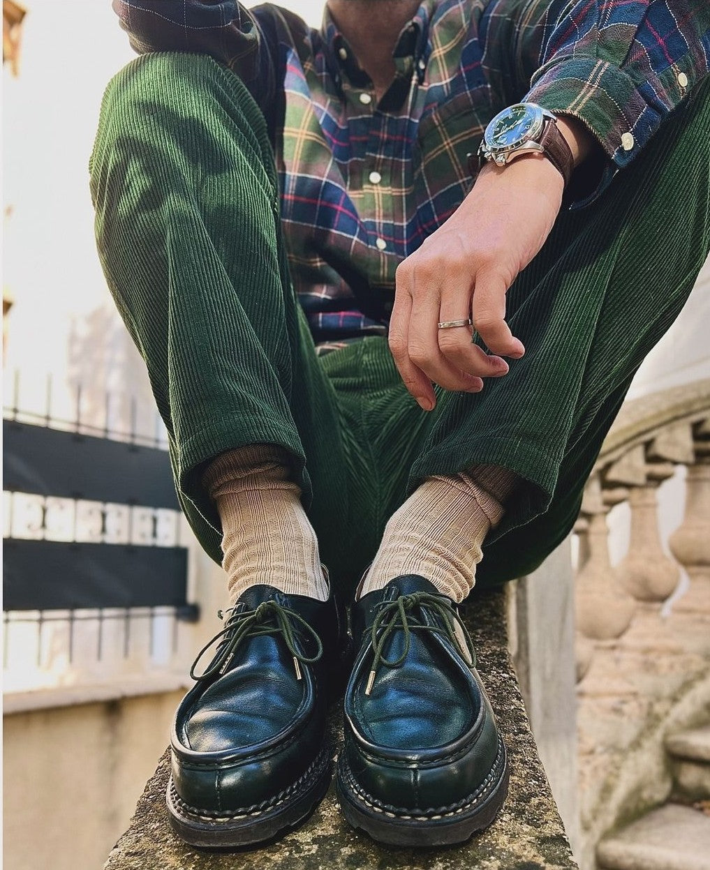 Comfysocks Tanami Navy Tribal patterned crew socks paired with Paraboot Michael leather shoes