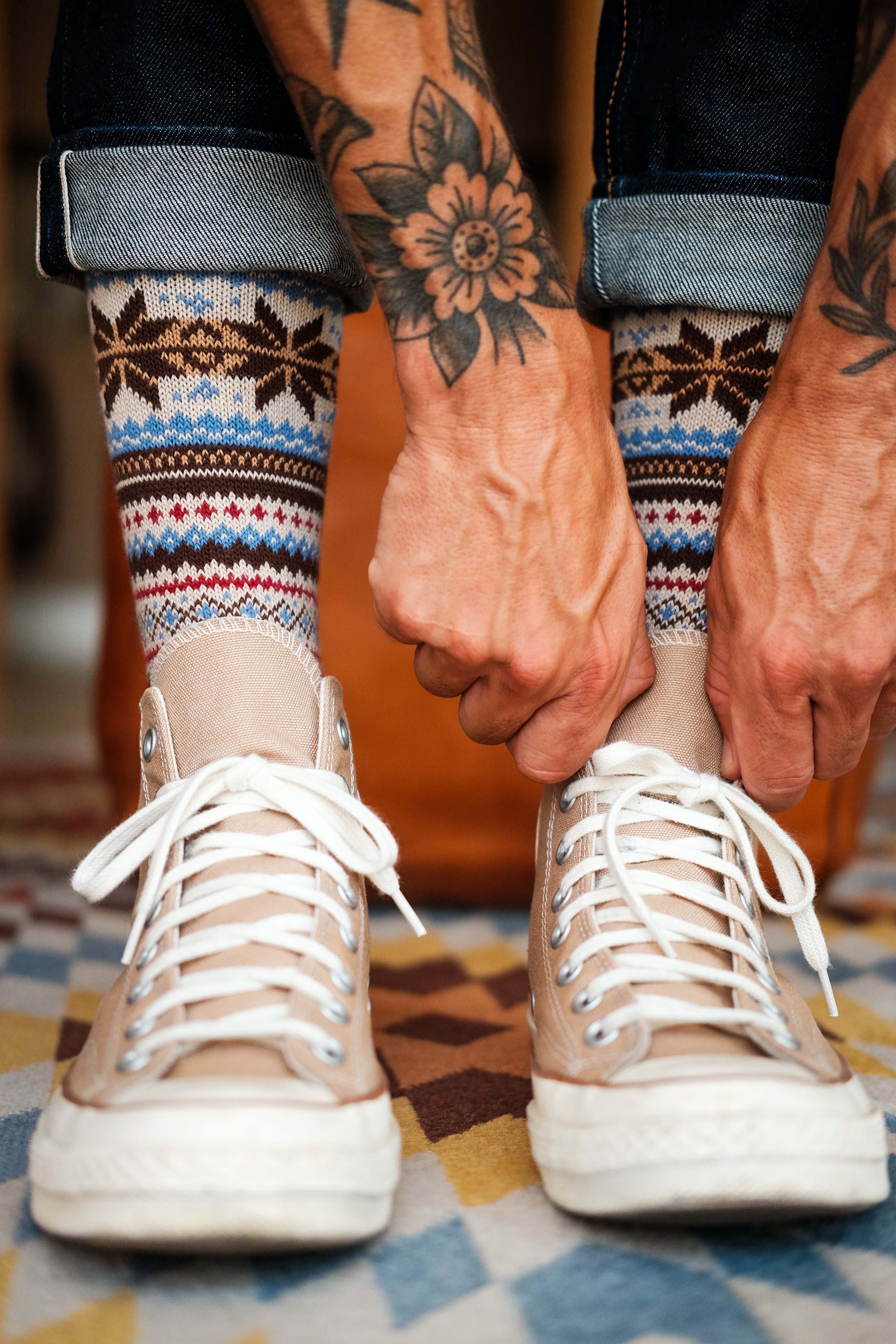 Beige cream crew socks styled with white Converse high tops — ComfySocks