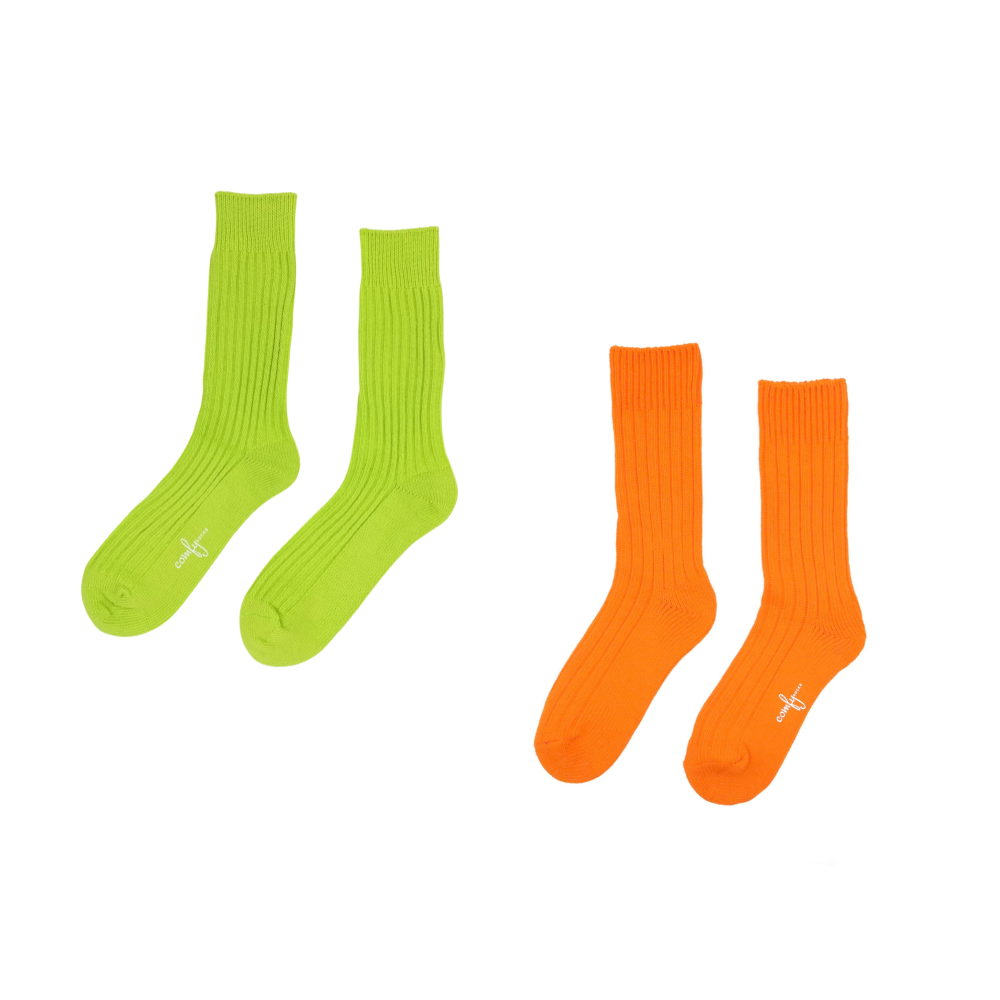 Alfred Knitted Neon Socks Combo – Neon green and neon orange ribbed crew socks