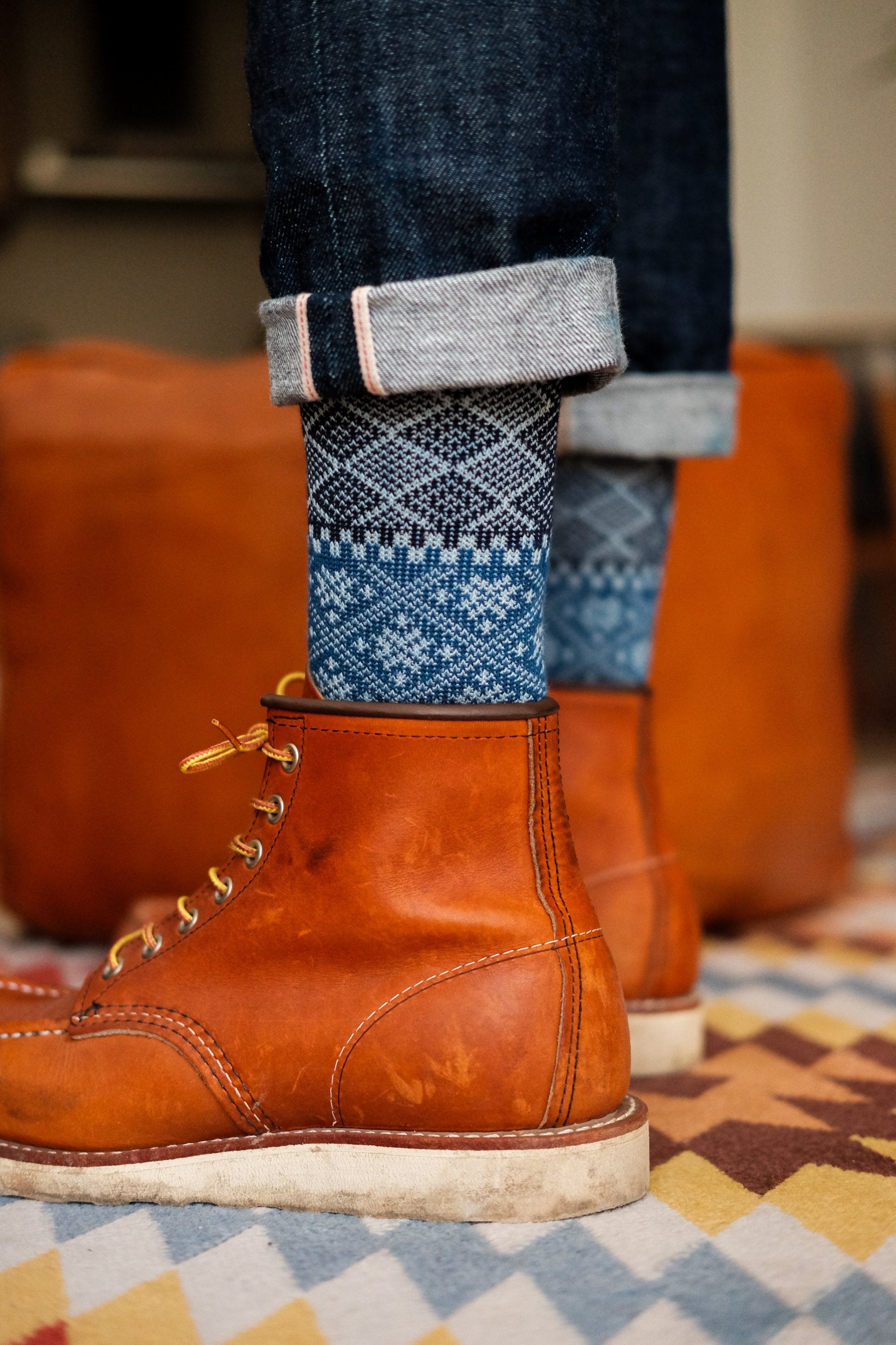 Fatima Navy socks with red wing boots Comfysocks