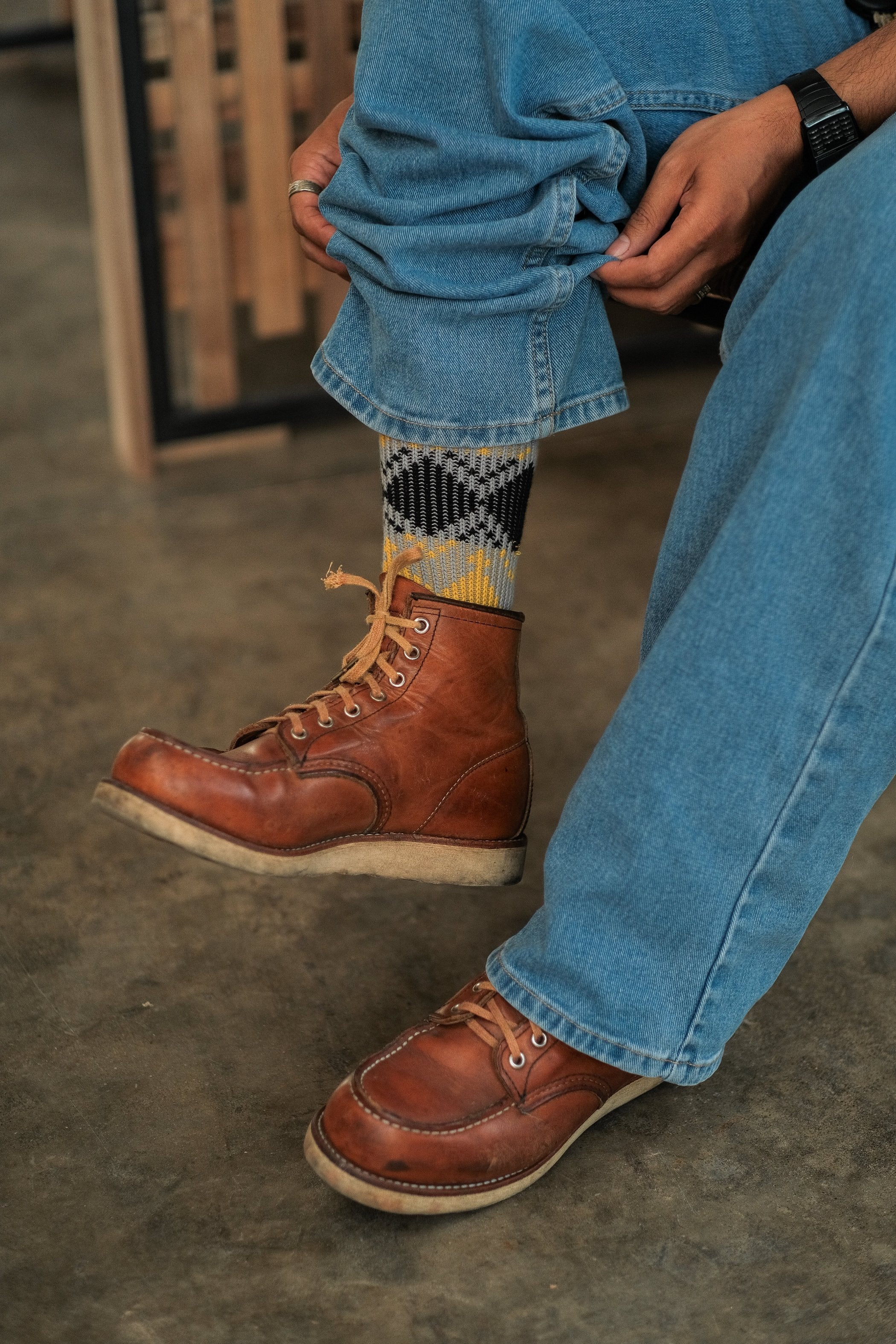 Feranklin grey comfy socks with red wing boots Comfysocks
