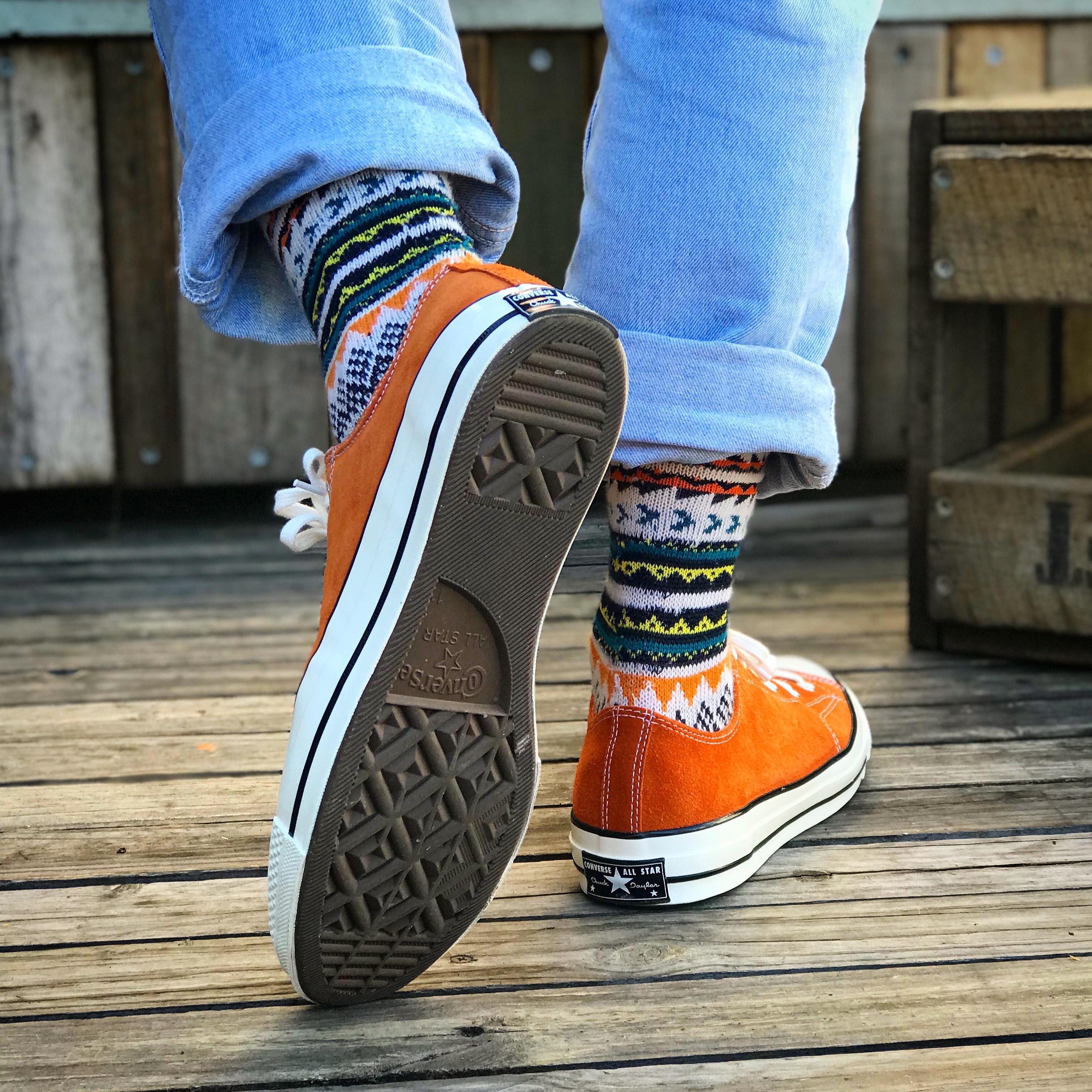 Geometric tribal socks with Orange converse