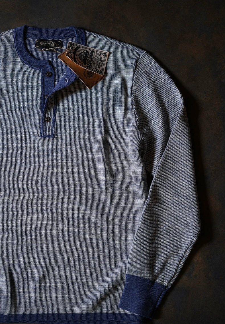Indigo waffle henley long sleeve in heavyweight cotton with ribbed collar detail