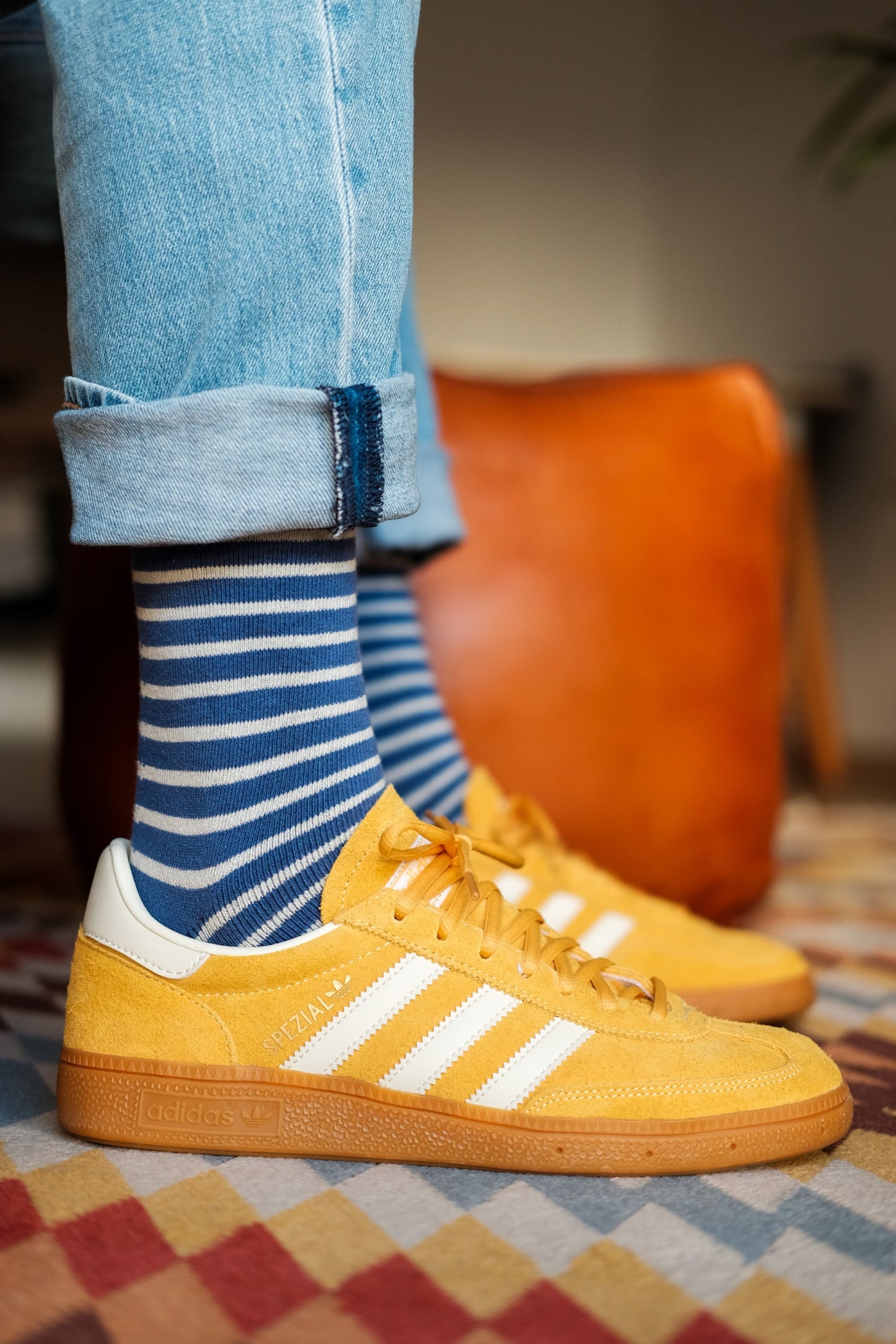 Japanese thick blue stripe socks with mustard gazelle