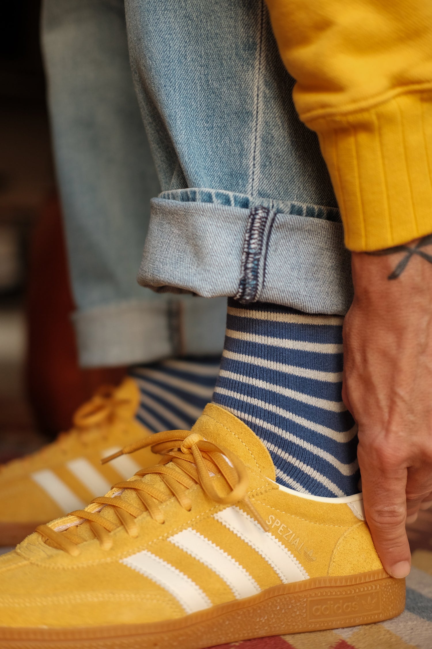 Japanese thick blue stripe socks with mustard gazelle