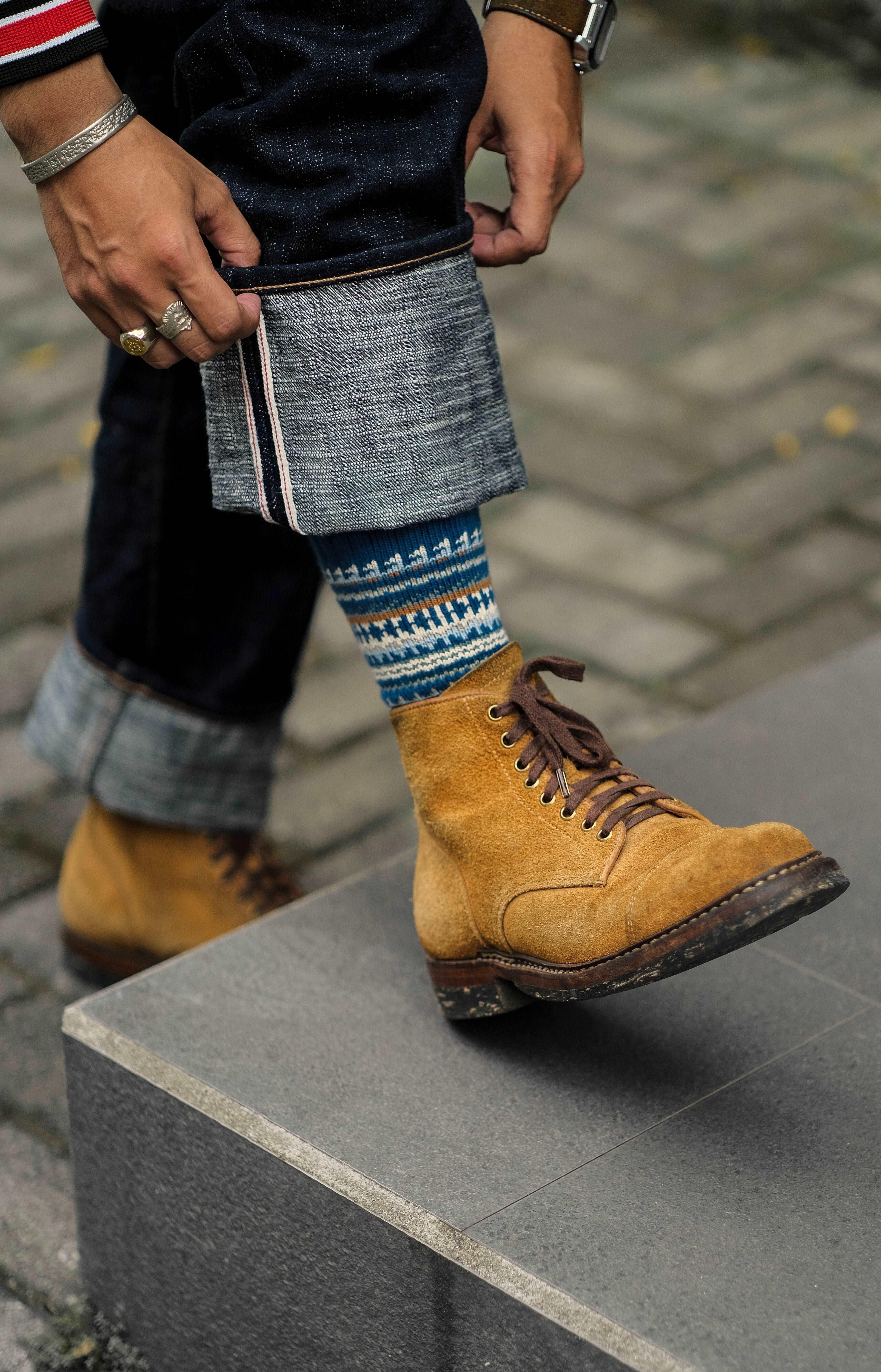 Kuki Sock in blue styled with brown leather boots