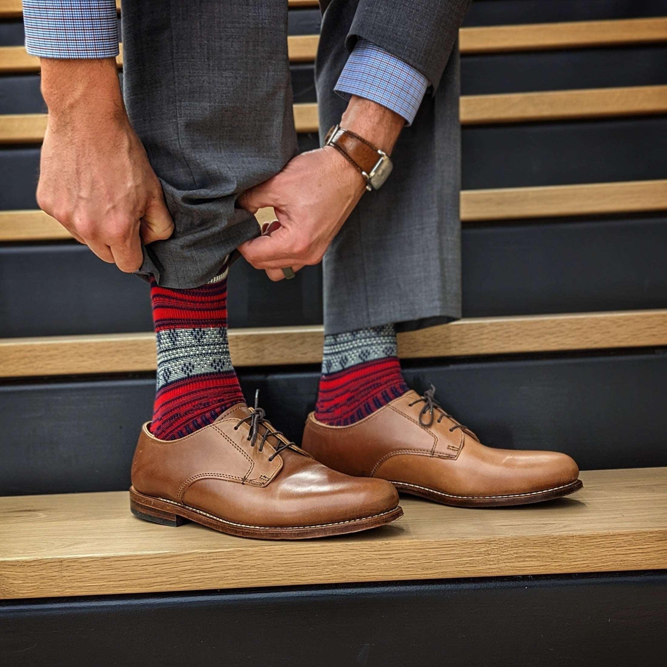 jolly red socks with brown shoes