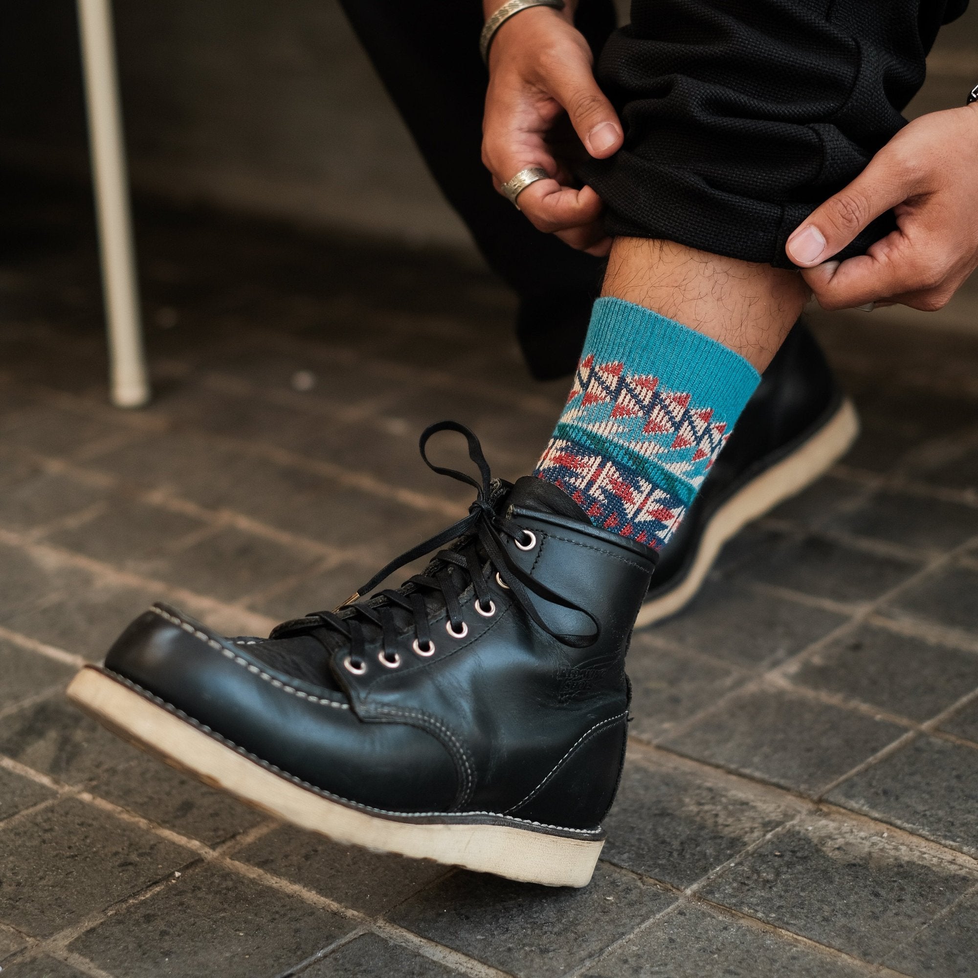 Roku sky blue socks with red wing boots Comfysocks