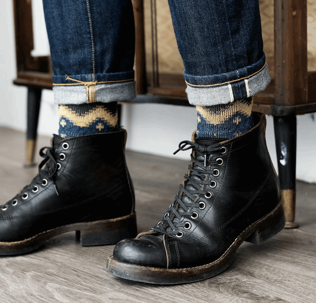 maze pattern yellow and navy socks with black shoes