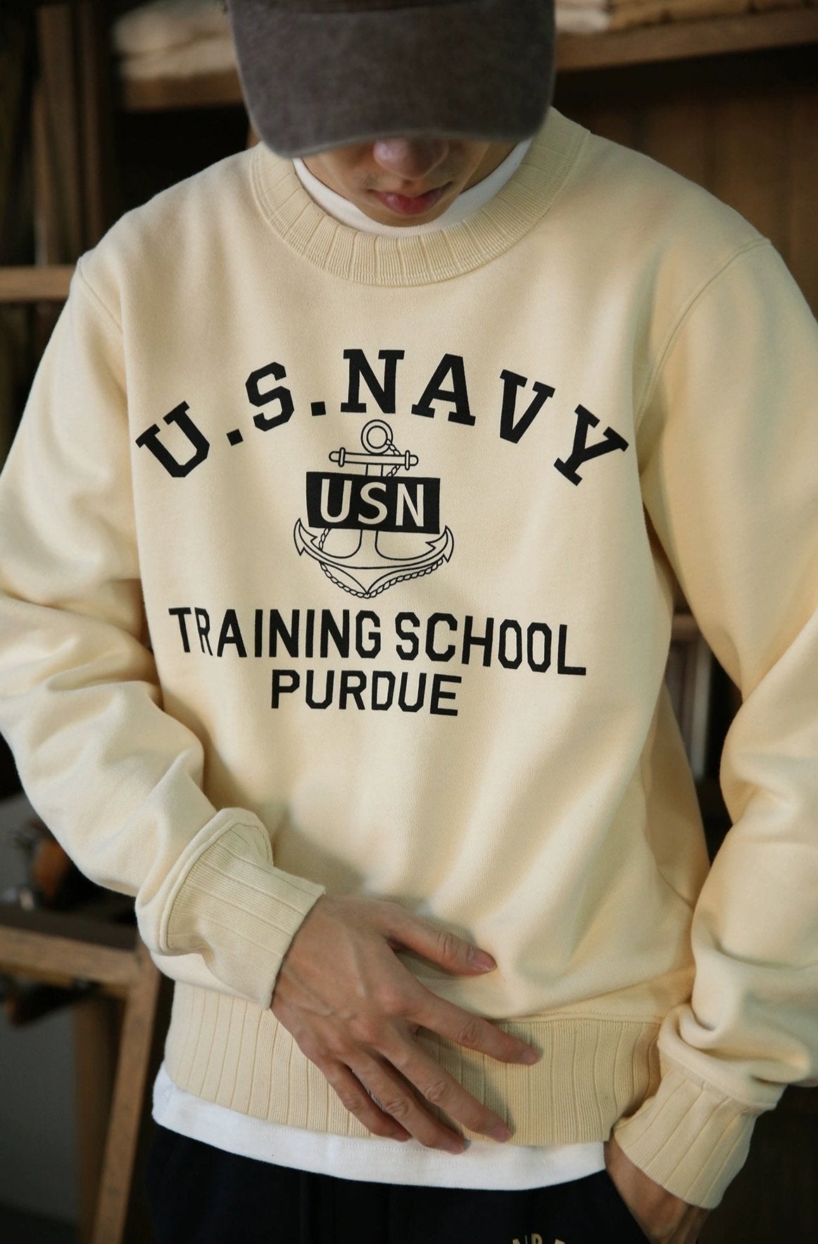 U.S. NAVY Training School Purdue Vintage Crewneck Sweatshirt Beige