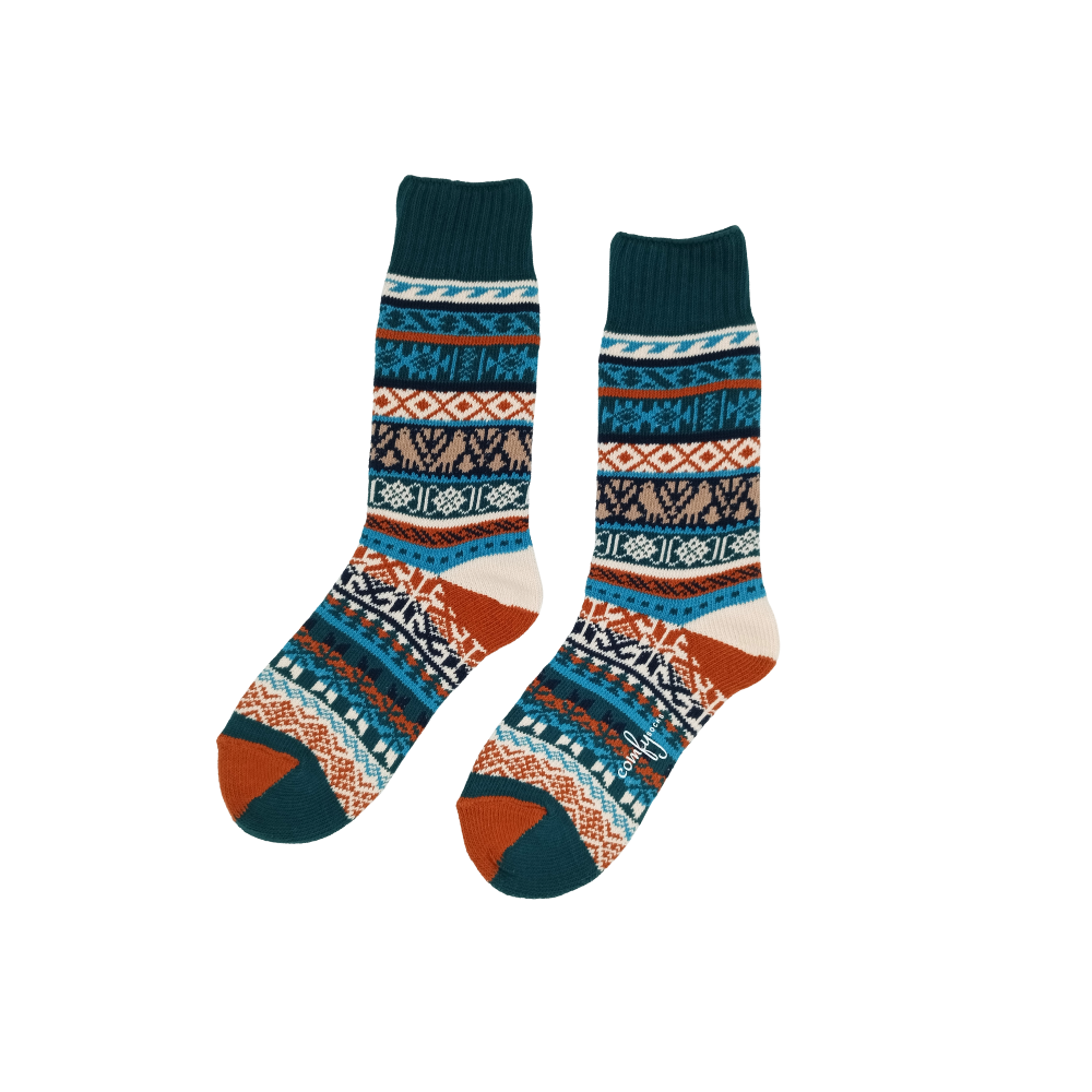 Boi Socks with colorful tribal knit pattern in teal, orange, and cream
