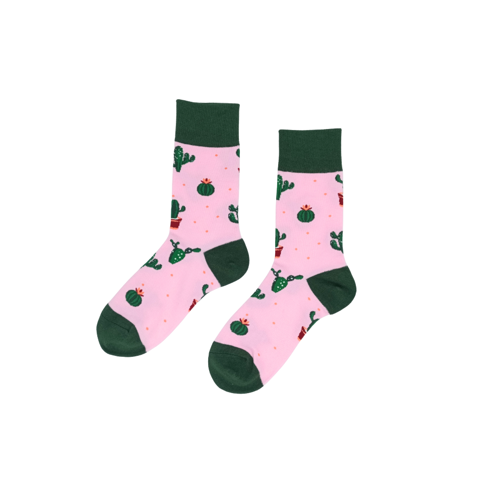 Pink cactus pattern cotton socks with green cuff – Cactus Garden by ComfySocks