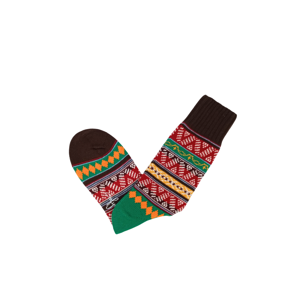 Premium cotton crew socks with red base and woven chevron tribal design