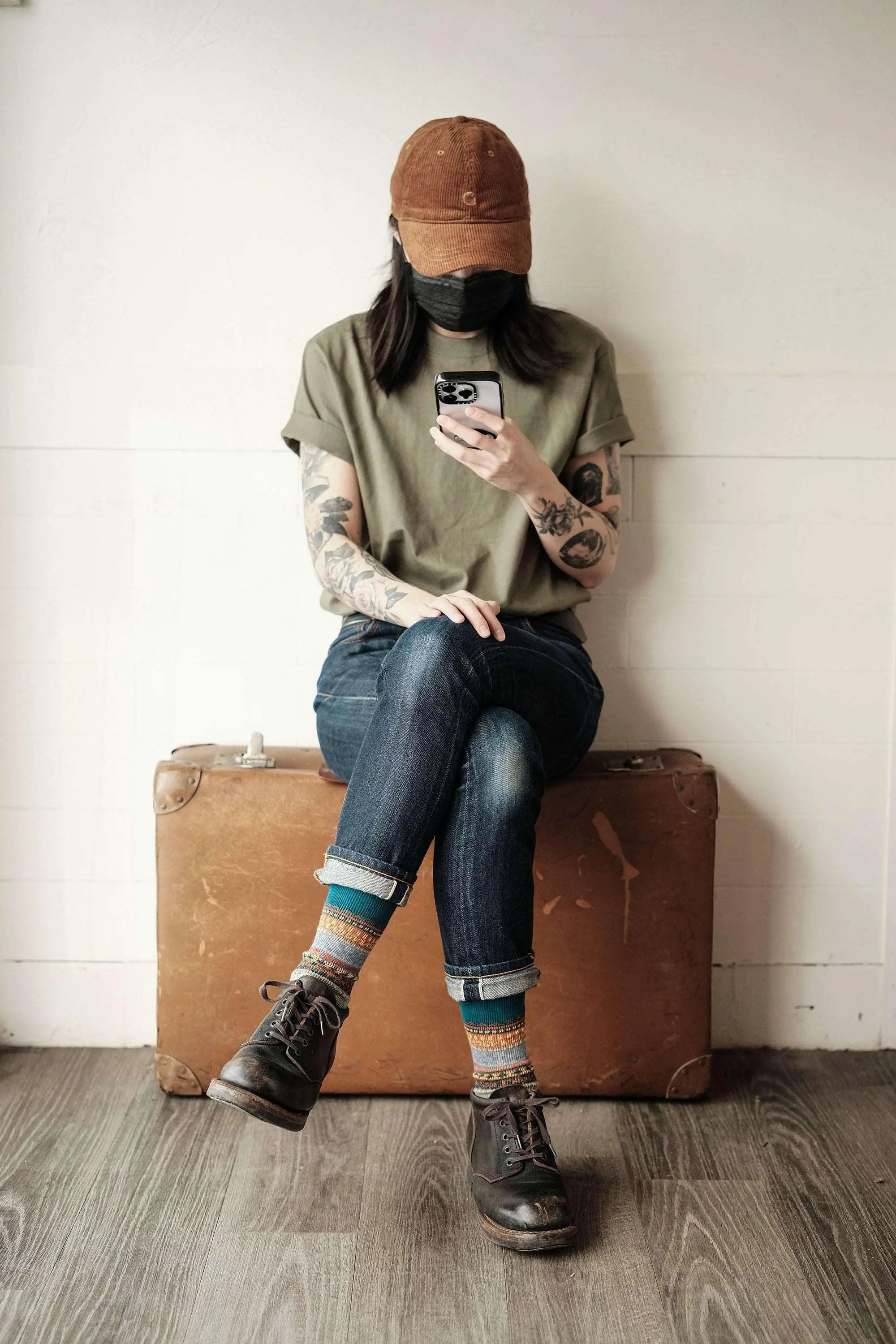 women workwear look with circus socks