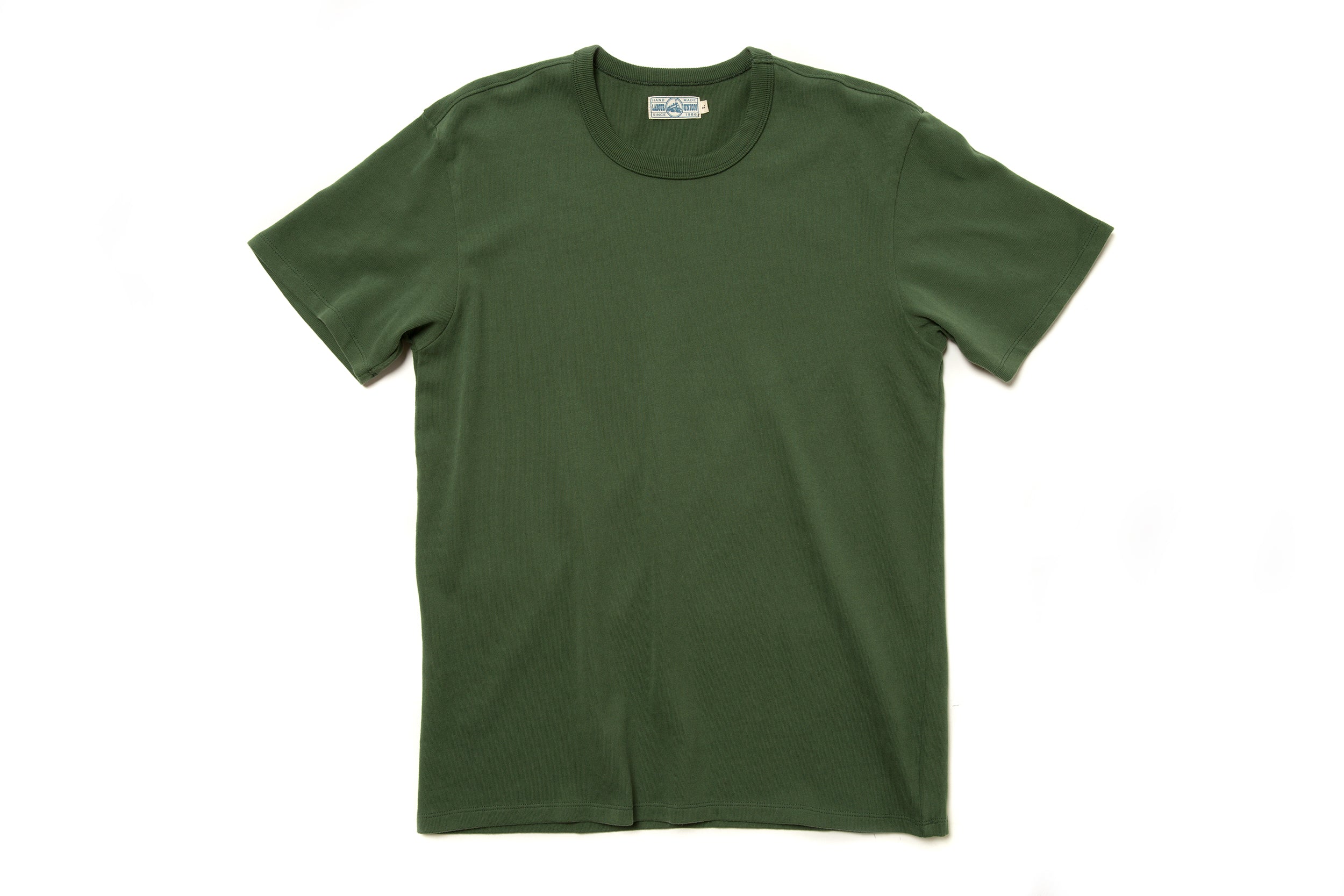 Forest green crewneck tee front and back view on white background