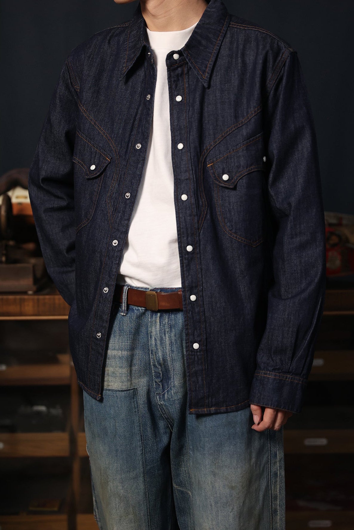 Cowboy Western Snap Shirt in dark denim with white tee