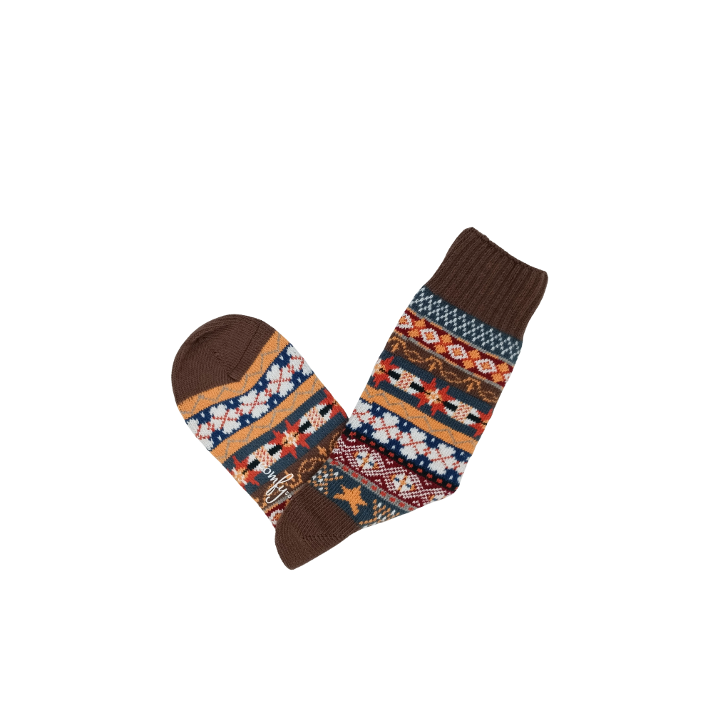 Premium cotton crew socks with blue grey base and orange star woven design