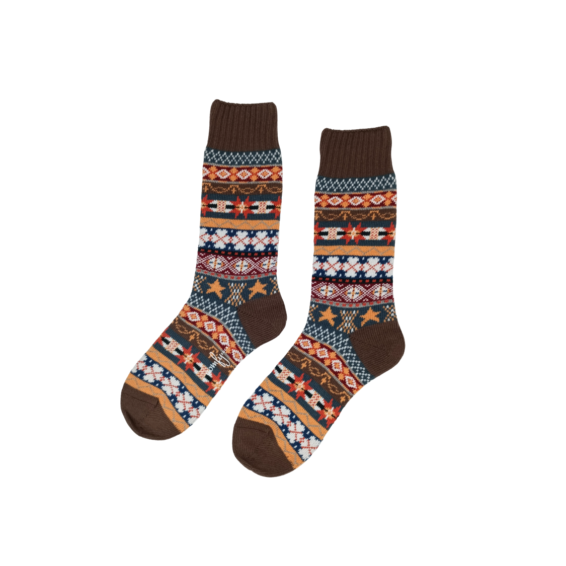 brown grey tribal crew socks with star and geometric patterns and brown accents
