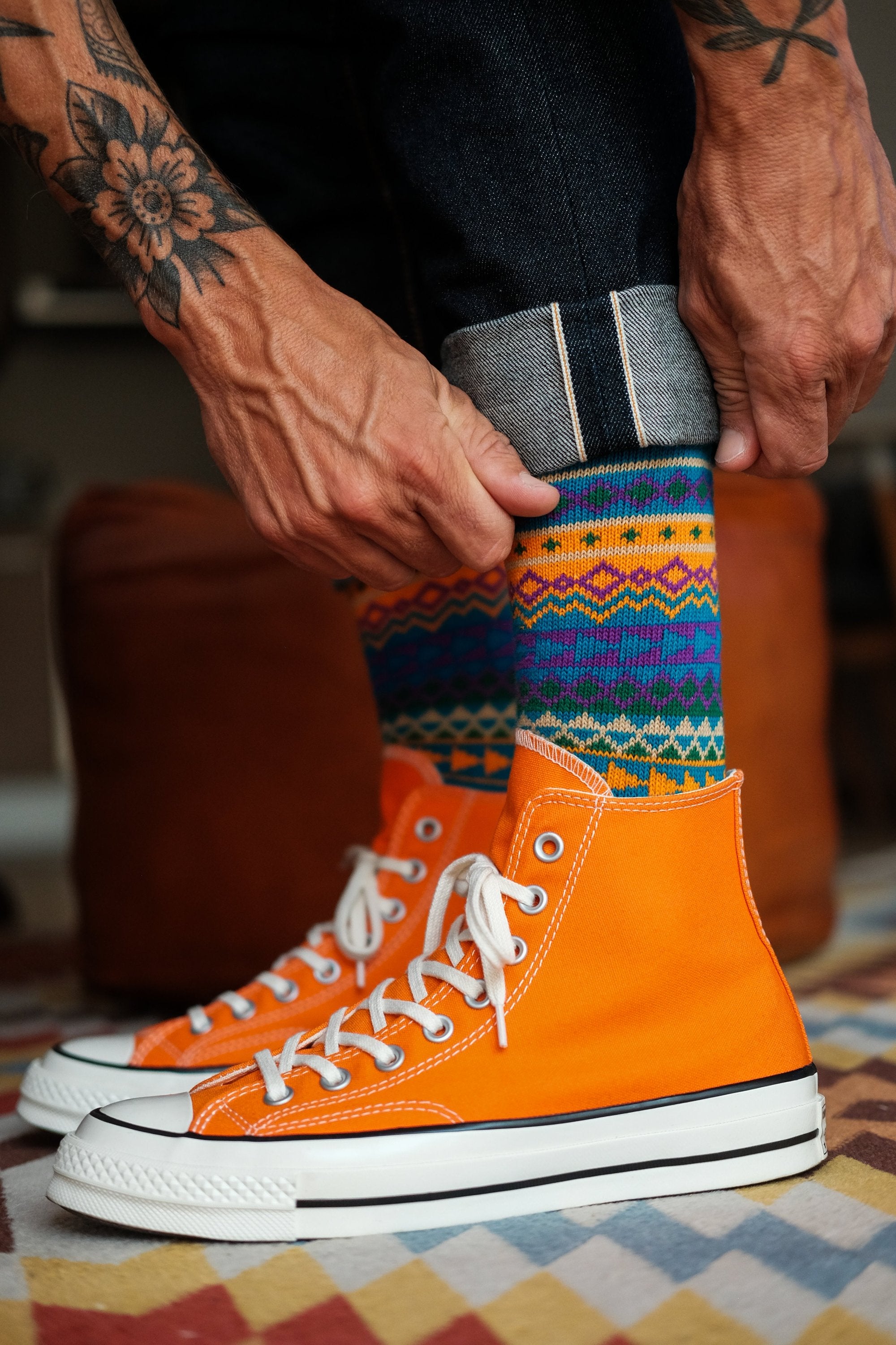 dylan teal socks with orange chucks comfysocks