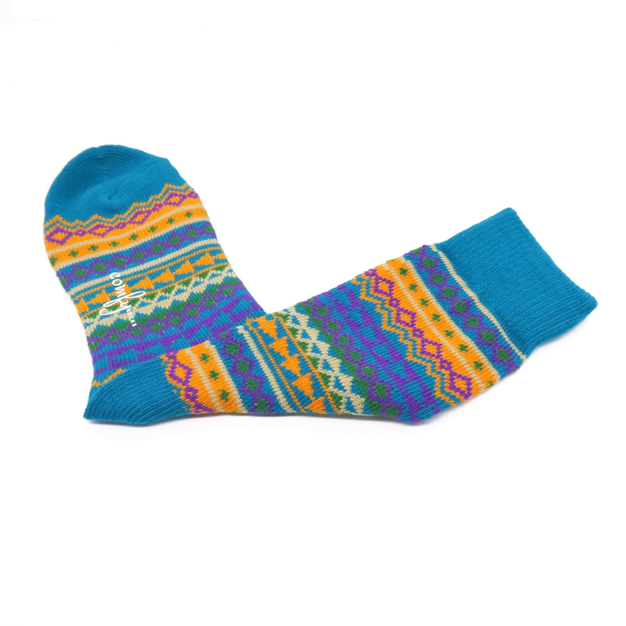 Funky teal crew socks with bold stripe design on white background.