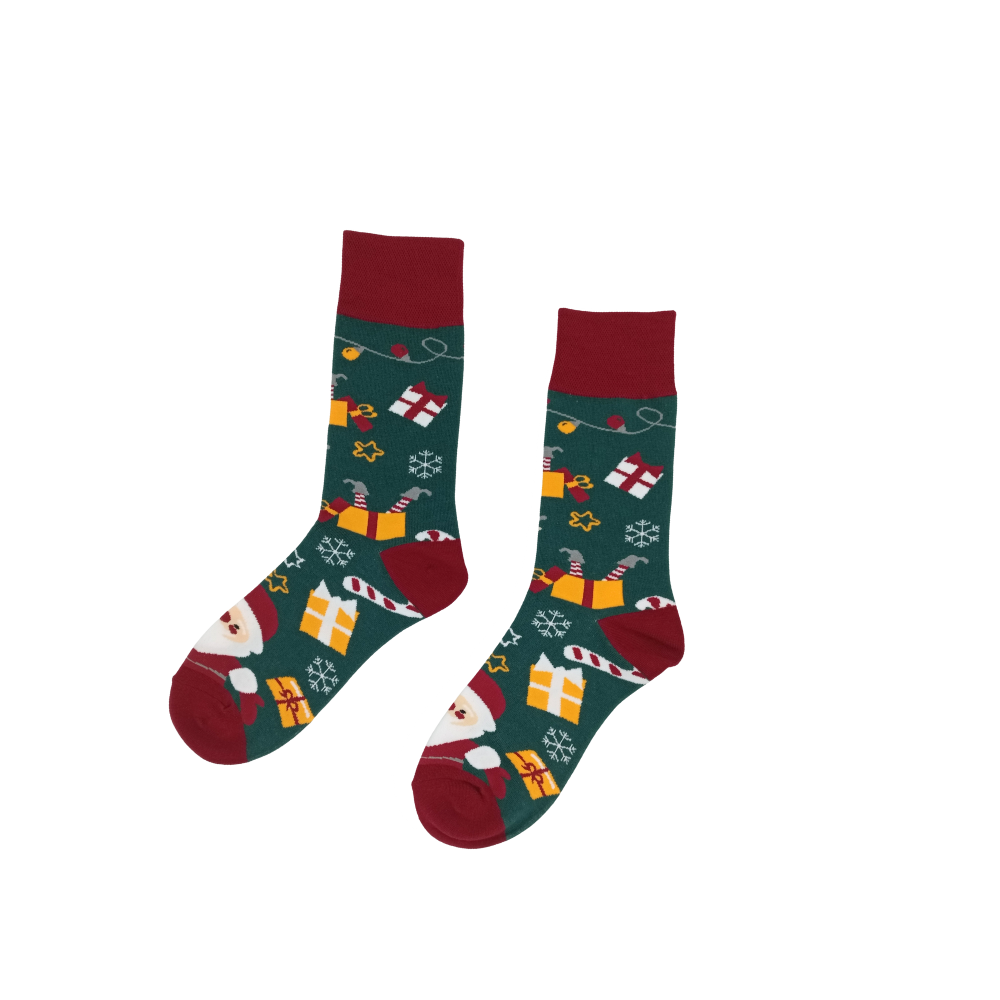 Green Christmas socks with Santa, gifts, candy canes, and snowflakes – Santa’s Gift Box by ComfySocks