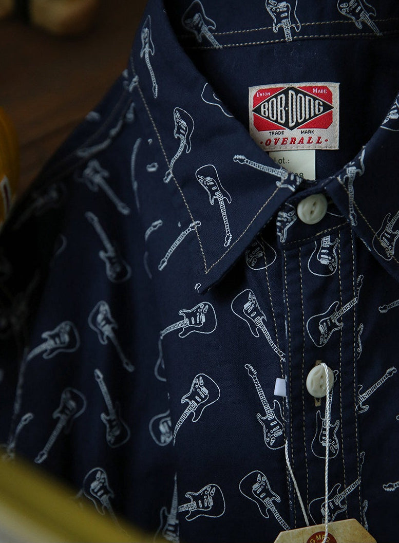 vintage wabash guitar print work shirt indigo