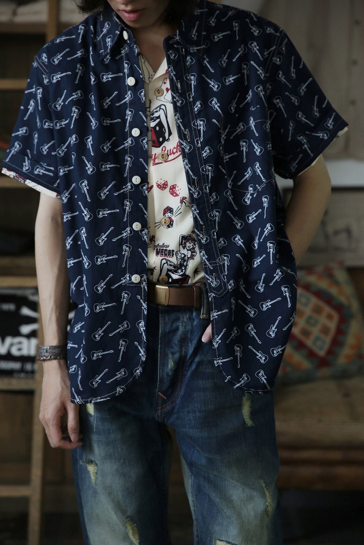 vintage wabash guitar print work shirt indigo