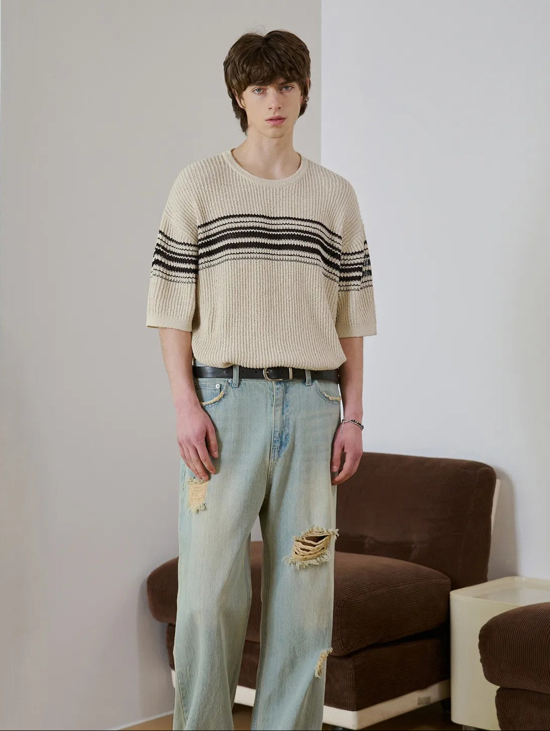 Striped Comfort Knit Tee | Korean Inspired Loose Fit Short Sleeve Sweater | Effortless Style Essential
