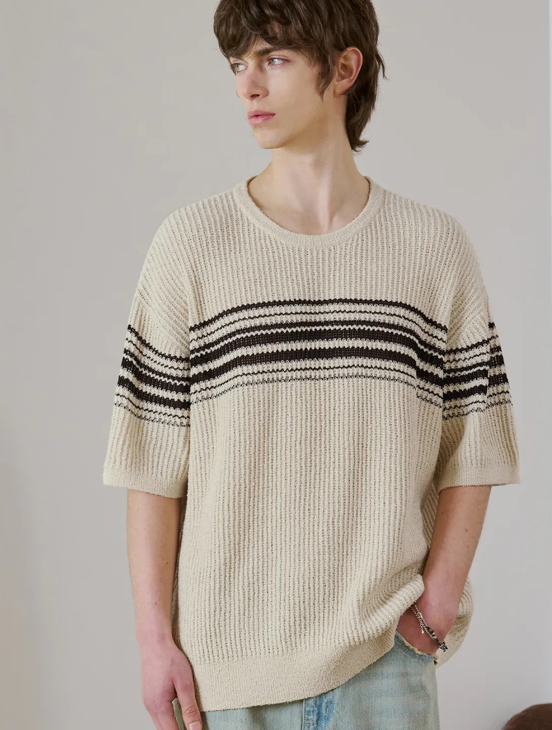 Striped Comfort Knit Tee | Korean Inspired Loose Fit Short Sleeve Sweater | Effortless Style Essential