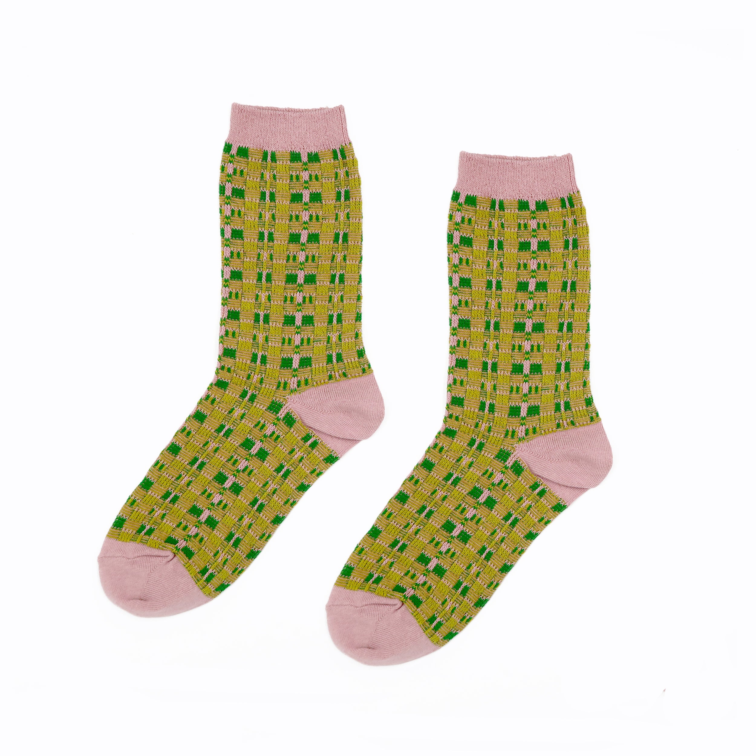 Mona Socks - vintage socks in mustard and green check with pink top, heel and toe