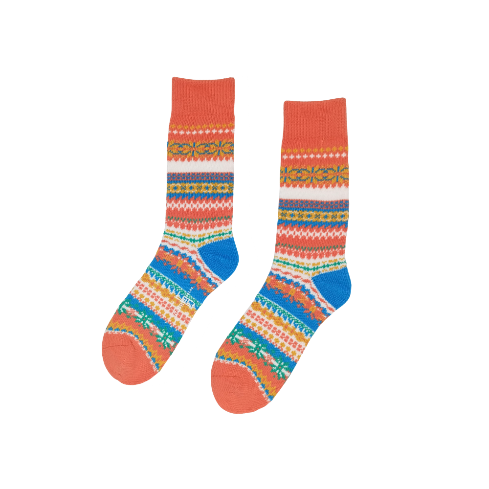 Bright orange and blue Nordic patterned socks unisex cotton