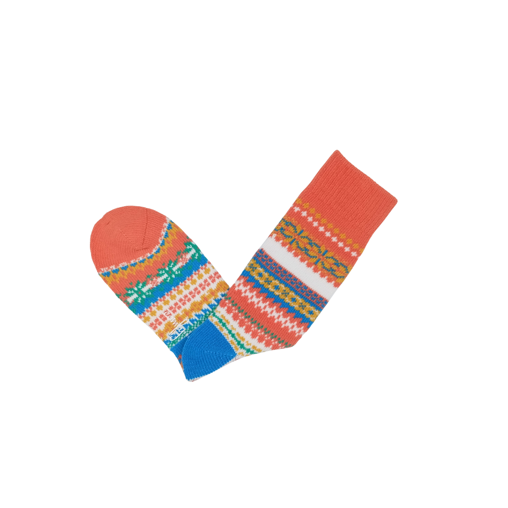 Funky colorful orange socks with winter knit design
