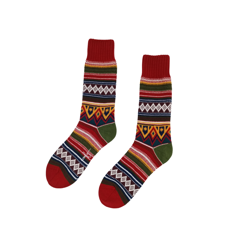Red Navajo-style tribal crew socks with green foot section and brown cuff made from premium cotton