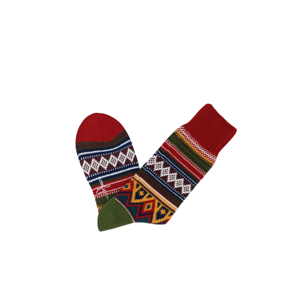 Premium cotton red crew socks with diamond and triangle tribal patterns and green accents