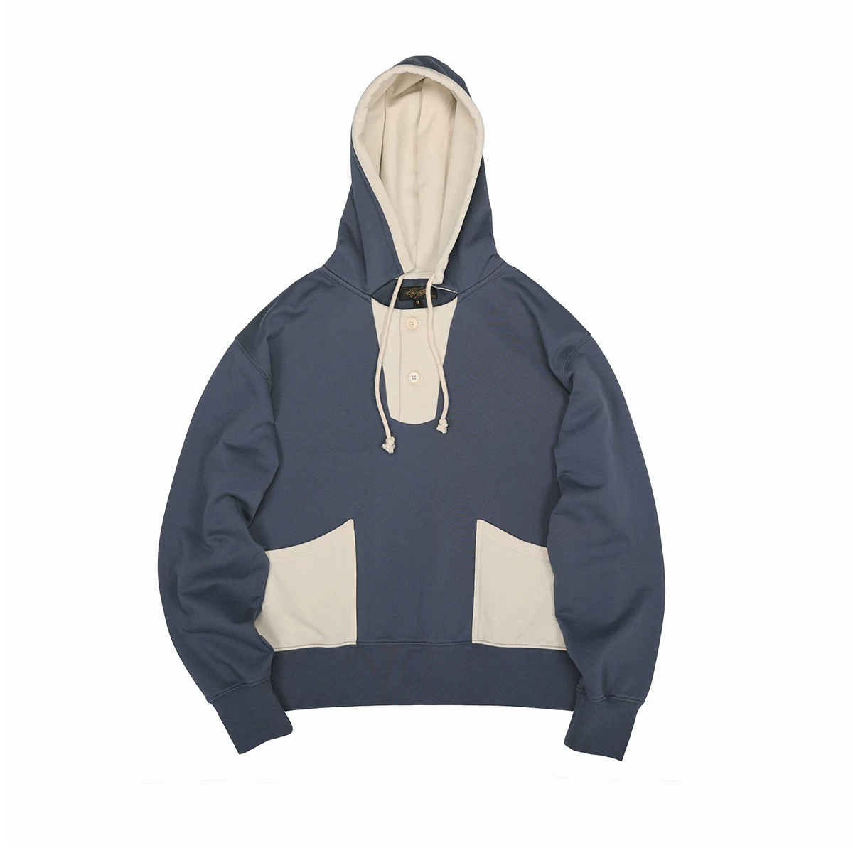 model wearing navy cream hoodie relaxed fit