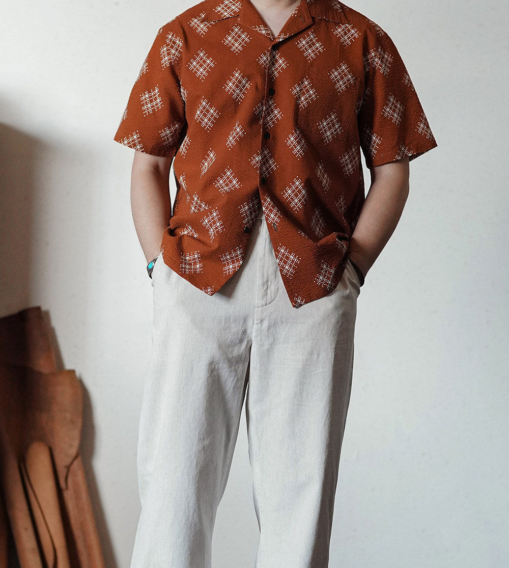 Retro Seersucker Cuban Collar Shirt – Summer Rust Edition