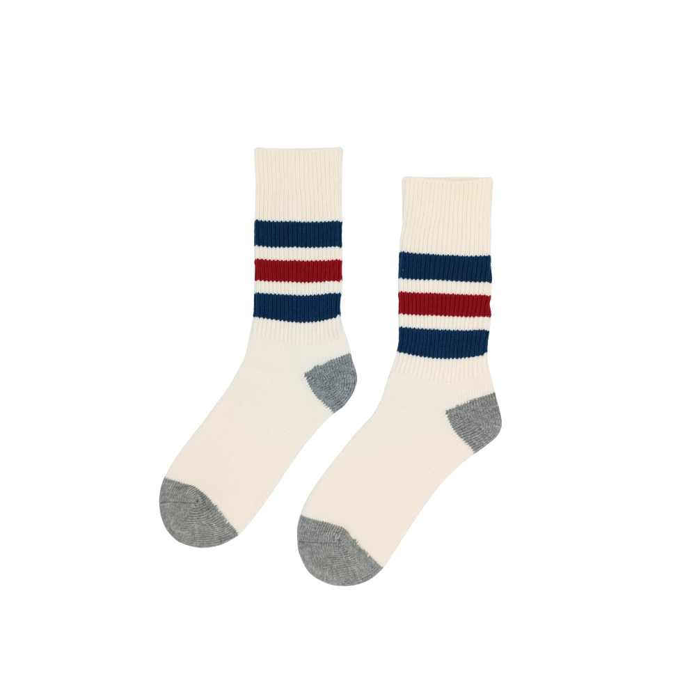Cream Riki retro stripe socks with navy and red bands on white background