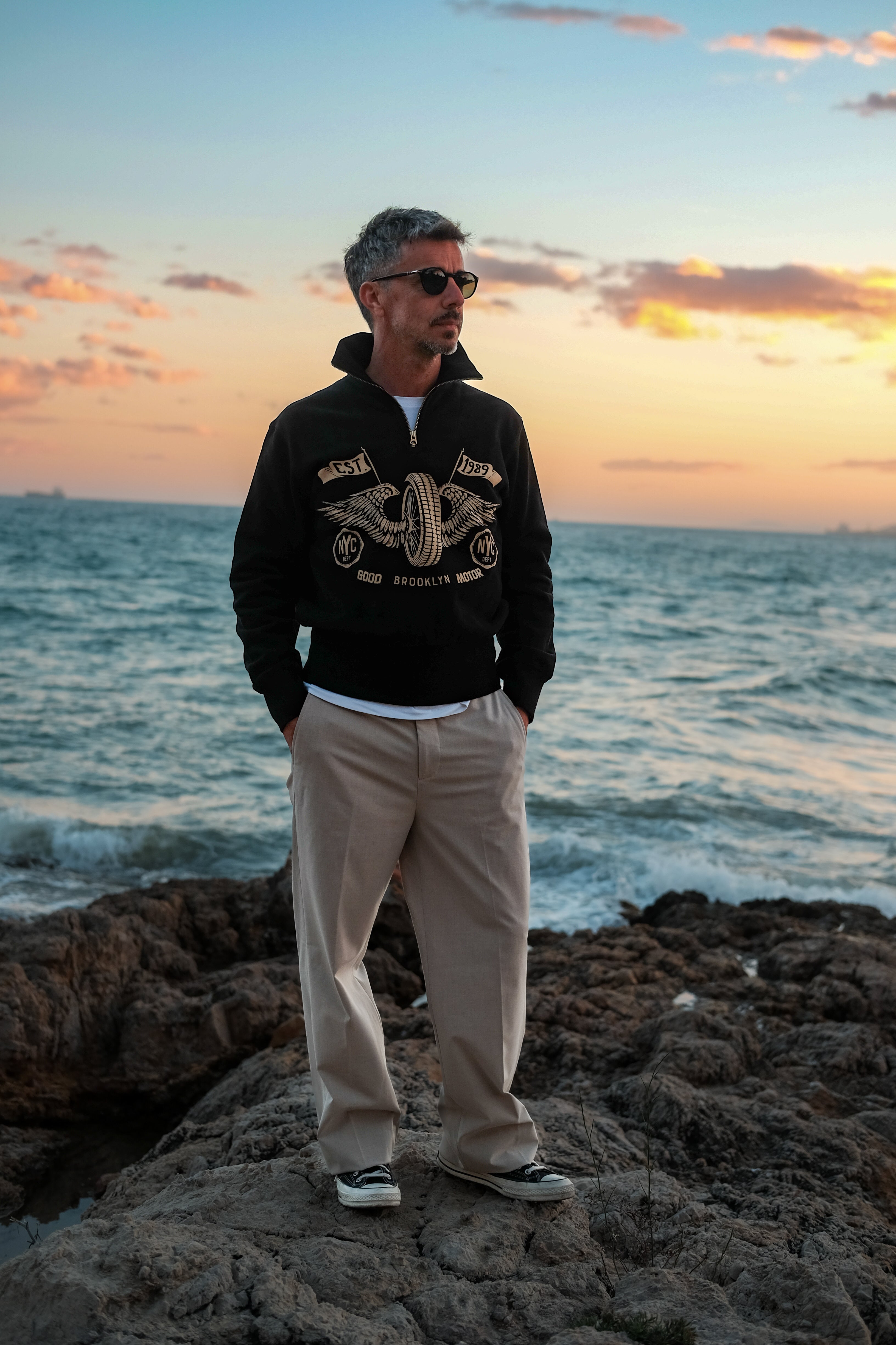 Rio motorcycle half-zip sweatshirt flat lay black cream winged wheel – ComfySocks