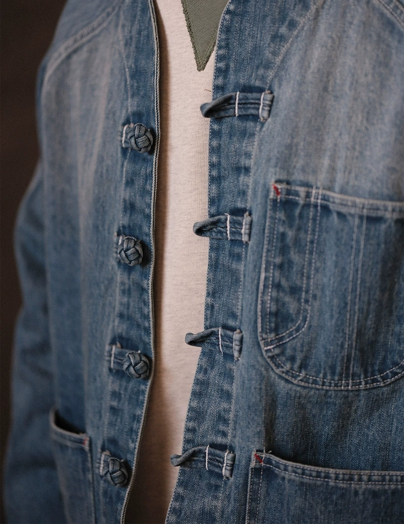 Handcrafted Distressed 15oz Denim Jacket - Worker Style with Knot Button
