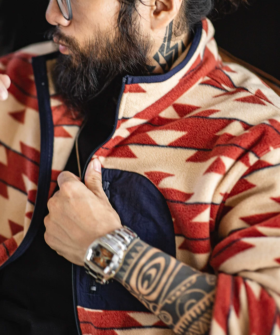 Navajo Pattern Double-Sided Fleece Zip Jacket