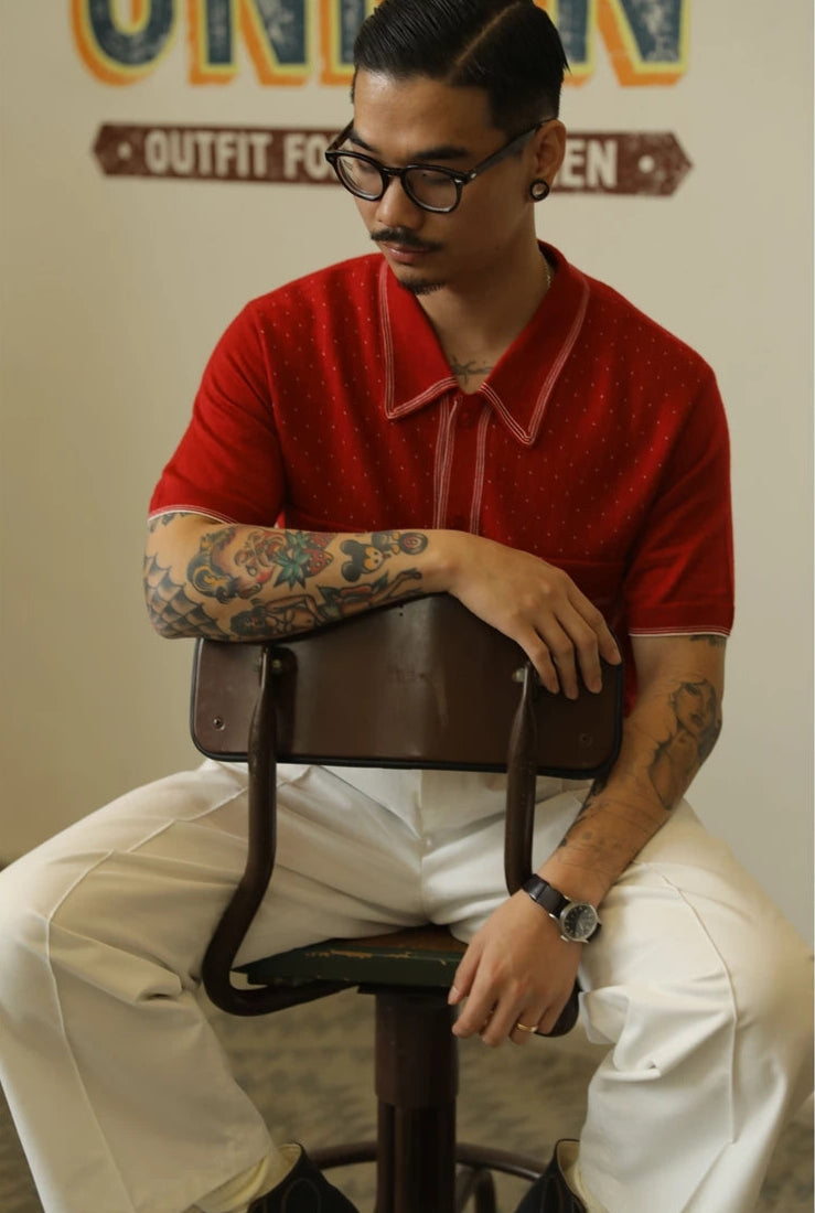 Retro Knit Polo with Contrast Stitching - Tight Fit (Available in Navy & Red)