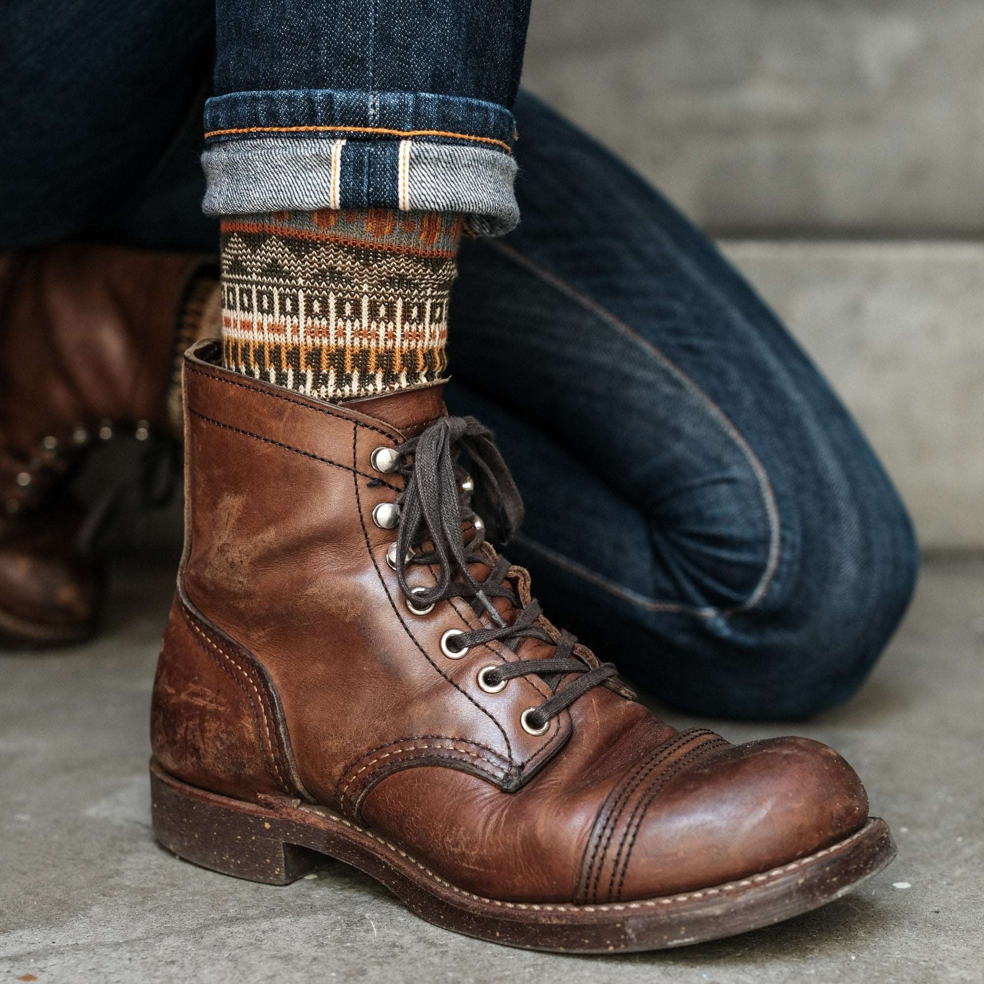 malaita green tribal socks with redwing shoes