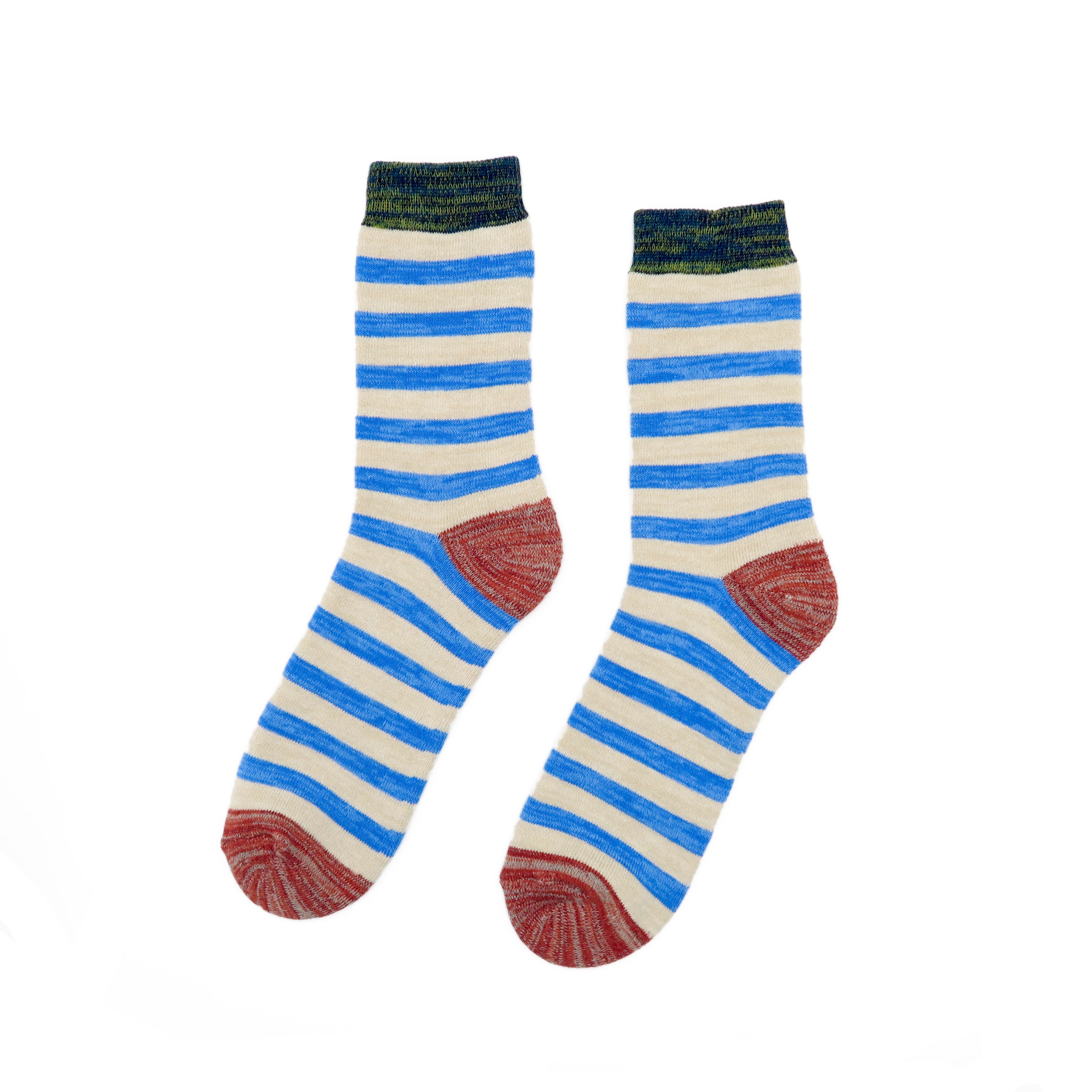 thick stripe socks in blue color with orange heel and toe