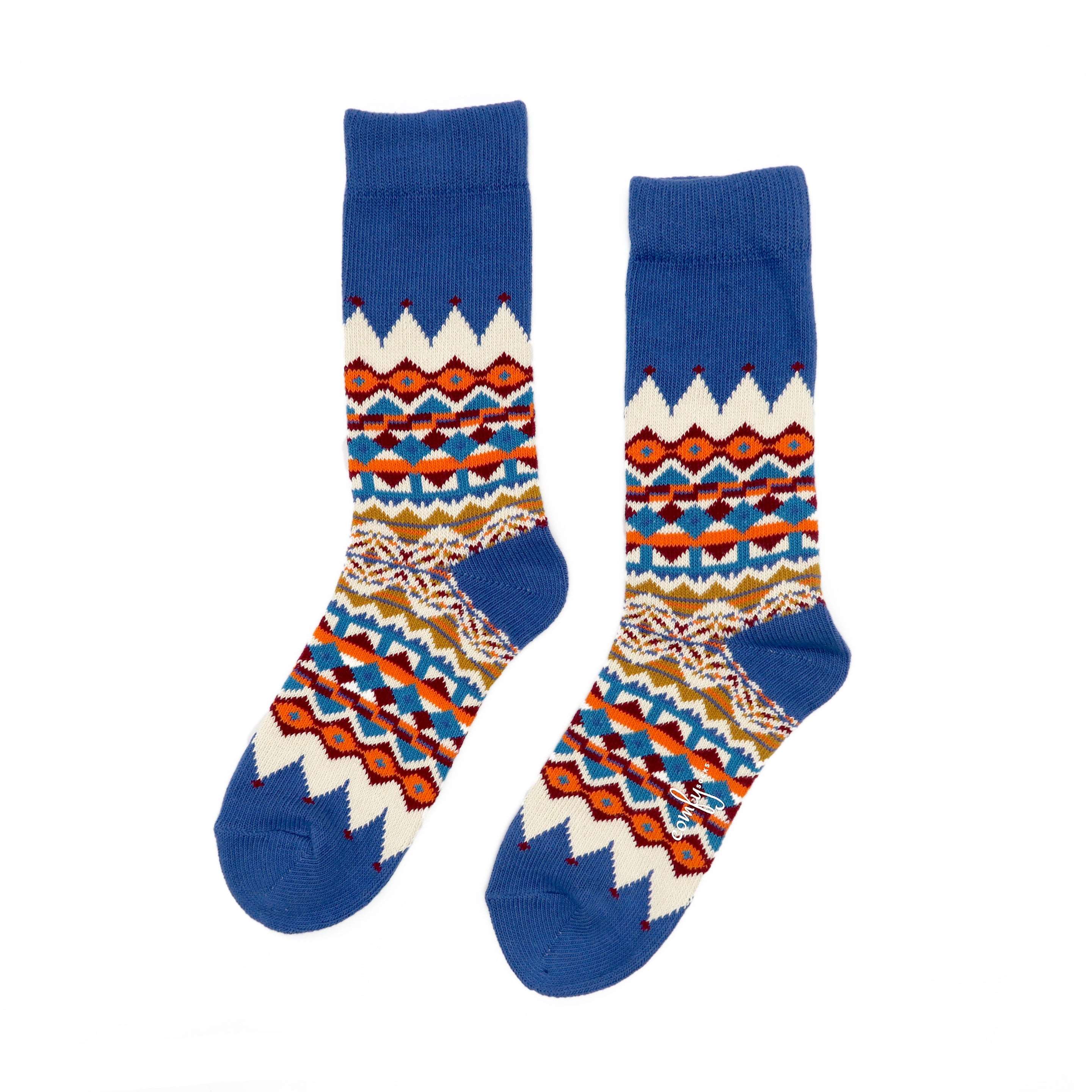 Tanami indigo and white tribal pattern thick cotton crew socks pair – ComfySocks