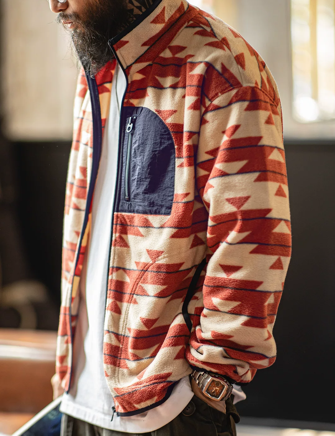 Navajo Pattern Double-Sided Fleece Zip Jacket