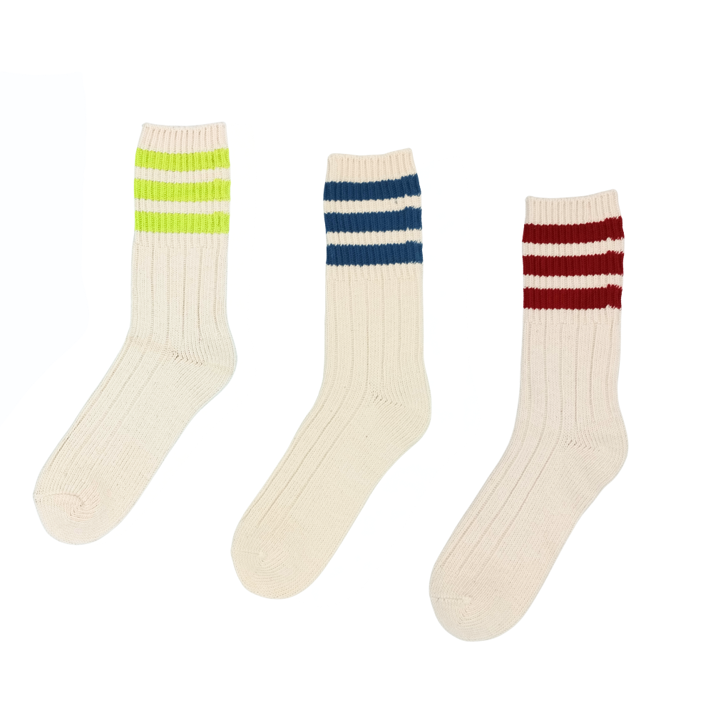 Cream crew socks with triple stripes – 3-pair vintage set