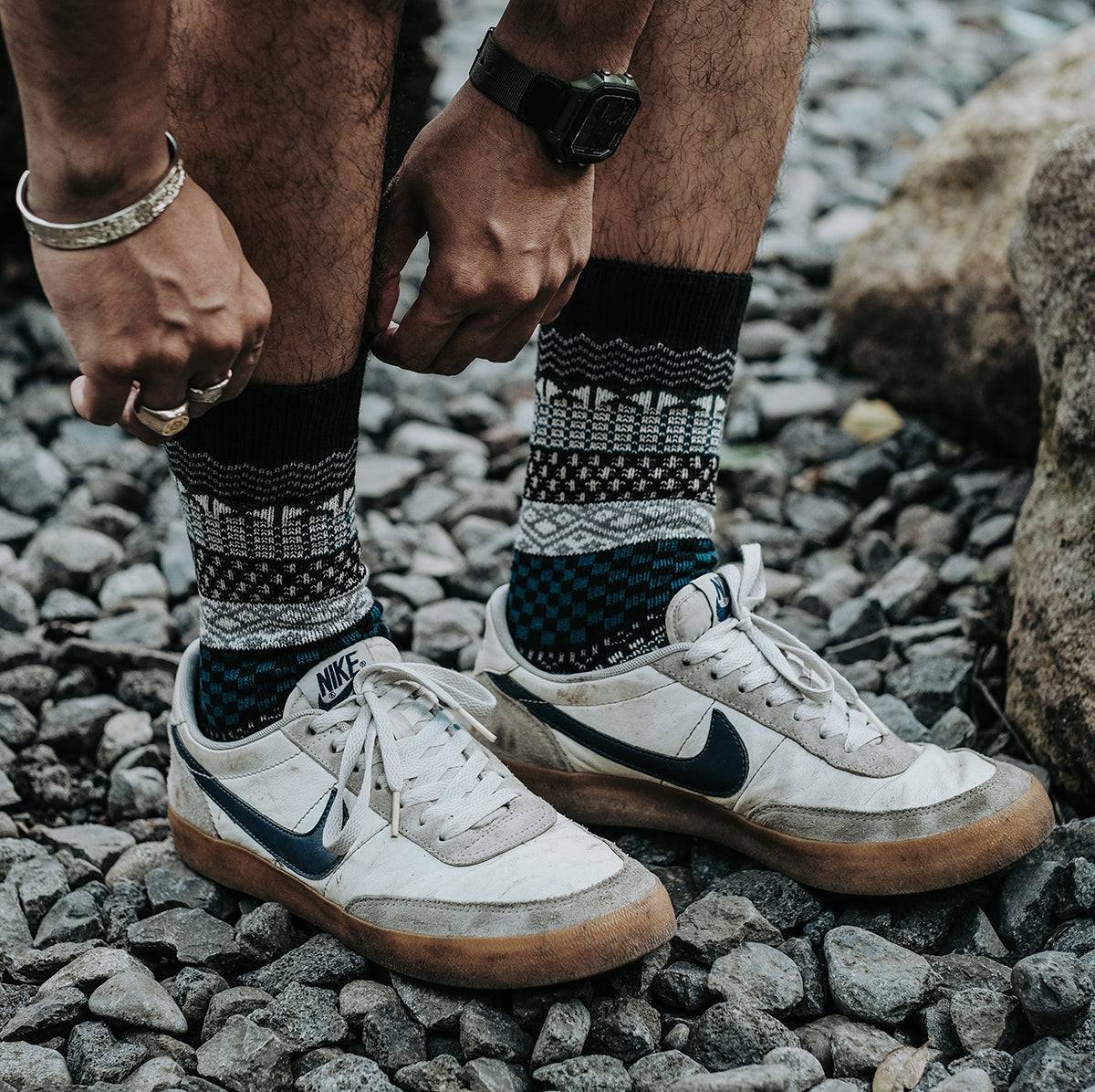wonderland black tribal pattern sock with nike sneaker