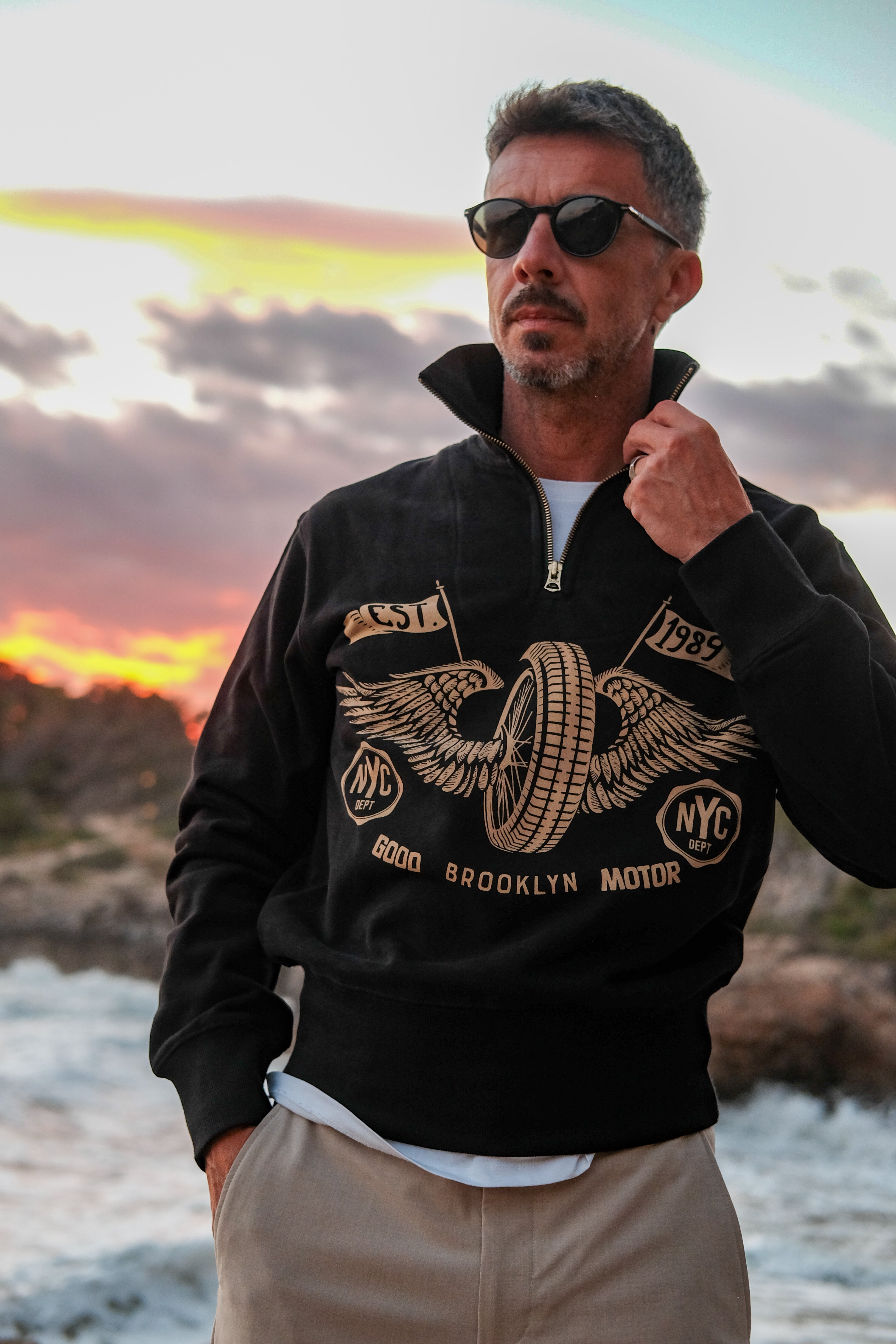 Rio motorcycle half-zip sweatshirt black cream vintage graphic worn at sunset – ComfySocks