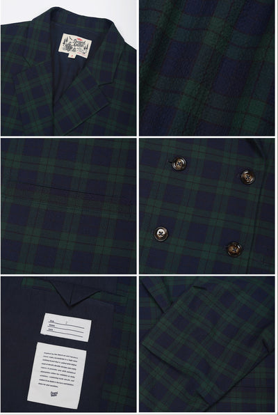 Collage of a dark green plaid jacket with close-up details on a gray background

