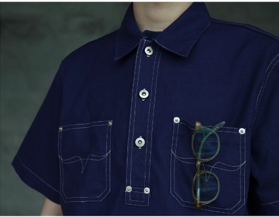 Aoi - 靛藍棉麻短袖工作襯衫